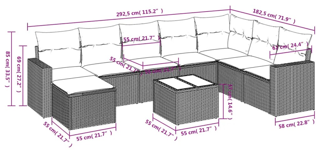 Set divani da giardino 9 pz con cuscini nero in polyrattan