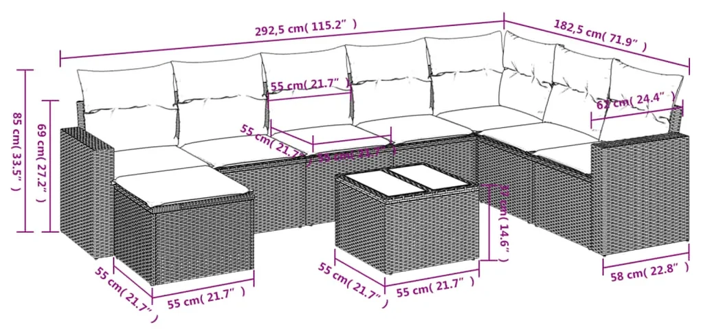 Set divani da giardino 9 pz con cuscini nero in polyrattan