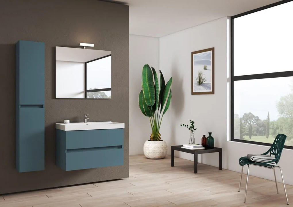 Mobile bagno sospeso con lavabo L 79.5 x H 50 x P 45.5 cm laccato opaco blu pacifico 2 cassetti per vasca centrale Kora