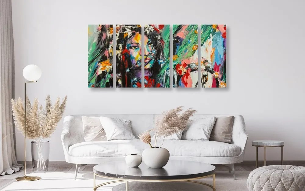 Quadri 5 pezzi – Pittura a olio di donna e cavallo