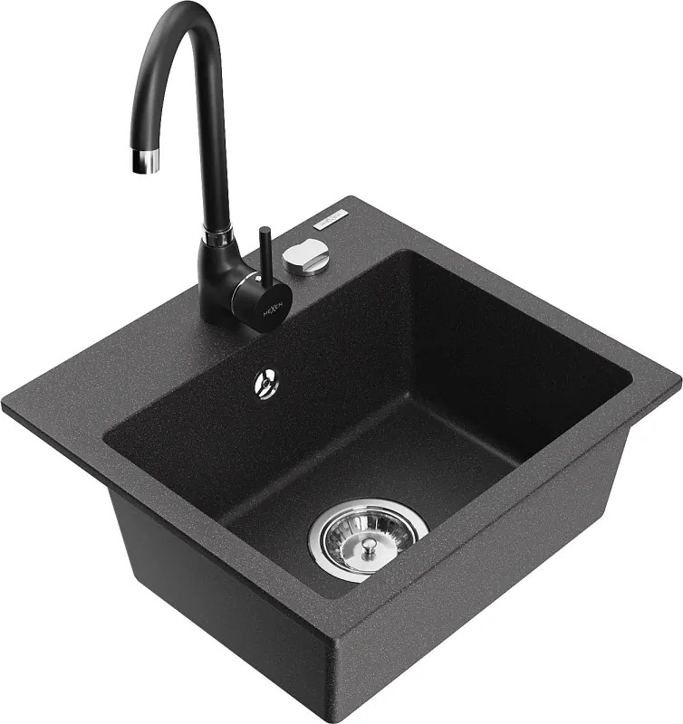 Mexen Milo lavello in granito a 1 vasca con rubinetto da cucina Telma, nero maculato - 6505-76-670200-70
