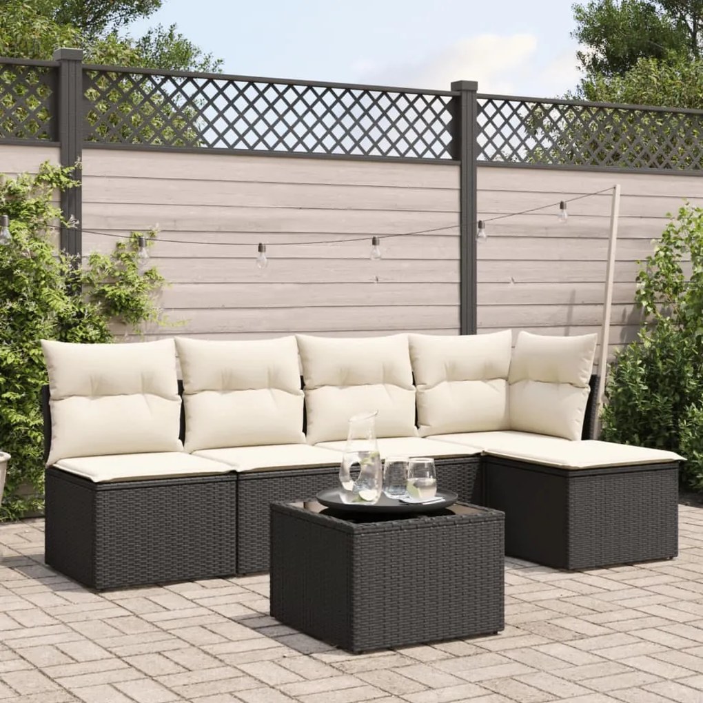 Set Divano da Giardino 6 pz con Cuscini Nero in Polyrattan