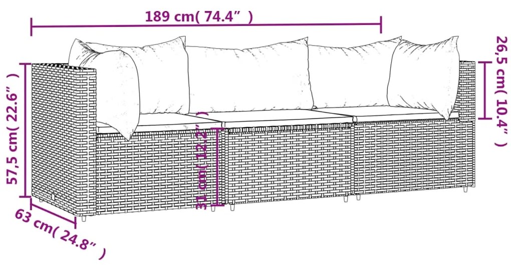 Set Divani da Giardino 3 pz con Cuscini Nero in Polyrattan