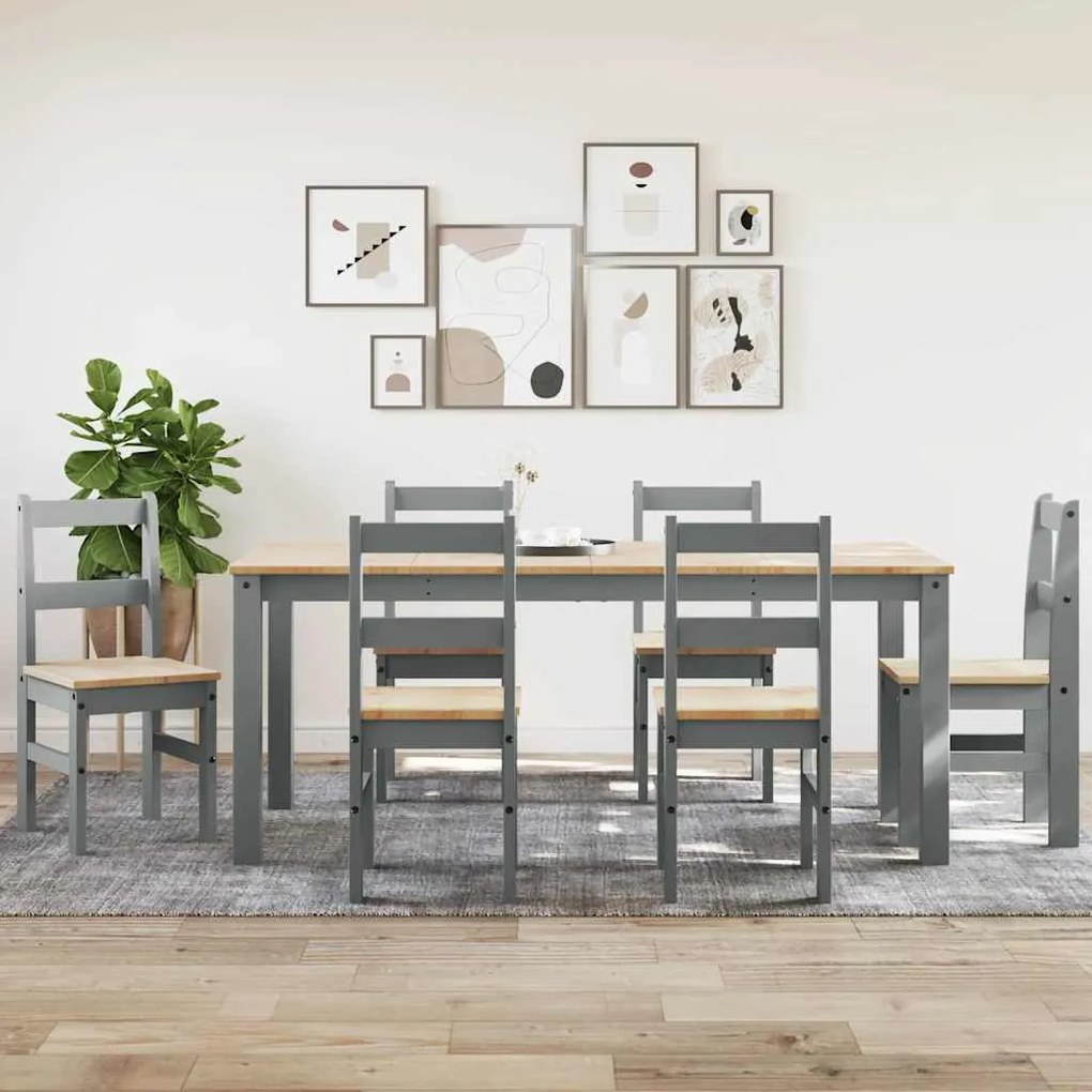Set Da Pranzo 7 Pz Panama Grigio İn Legno Massello Di Pino /
