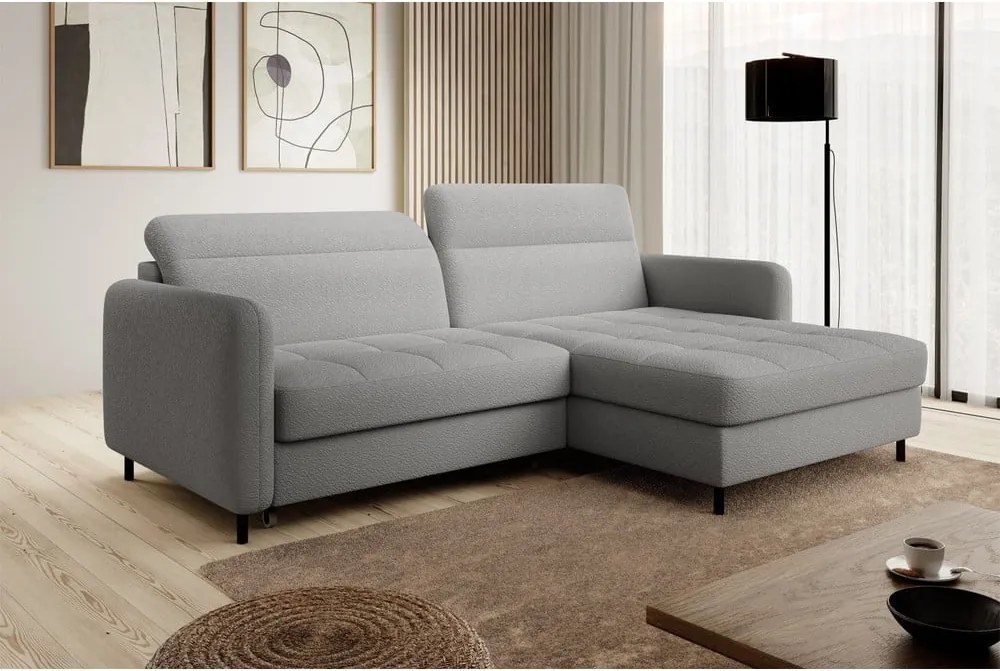 Divano angolare grigio allungabile/con contenitore (con penisola a destra/con chaise lounge) e rivestimento in bouclé Gomsi – ELTAP
