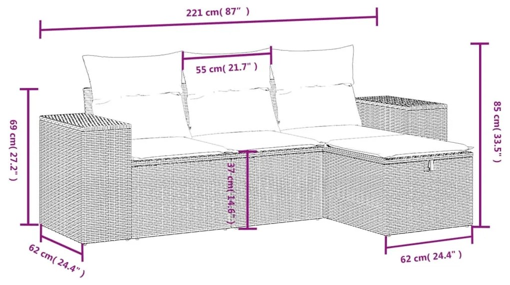 Set divani da giardino 4 pz con cuscini in polyrattan grigio