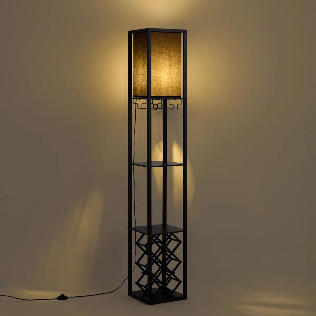Lampada da terra moderna nera con paralume in tessuto e portabottiglie - Stojan Wine