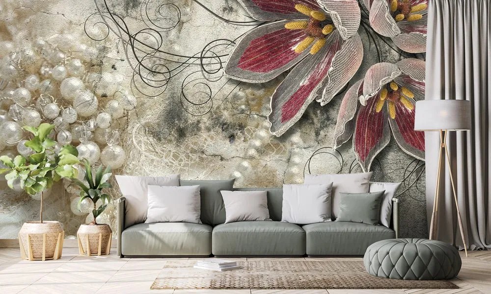 Carta da parati autoadesiva – Fiori con perle