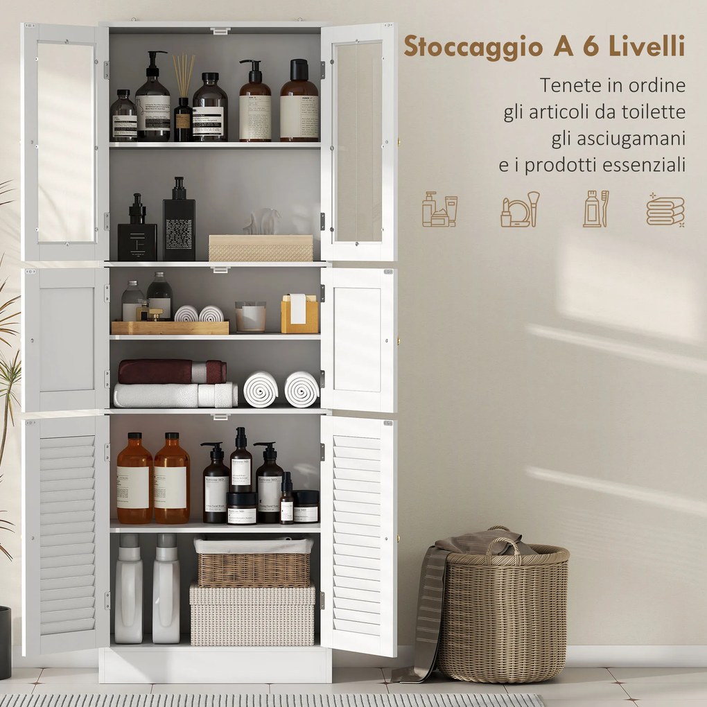 Mobile Bagno 60x30x170 cm con 3 Armadietti a 2 Ante in Vetro e Legno  Bianco...