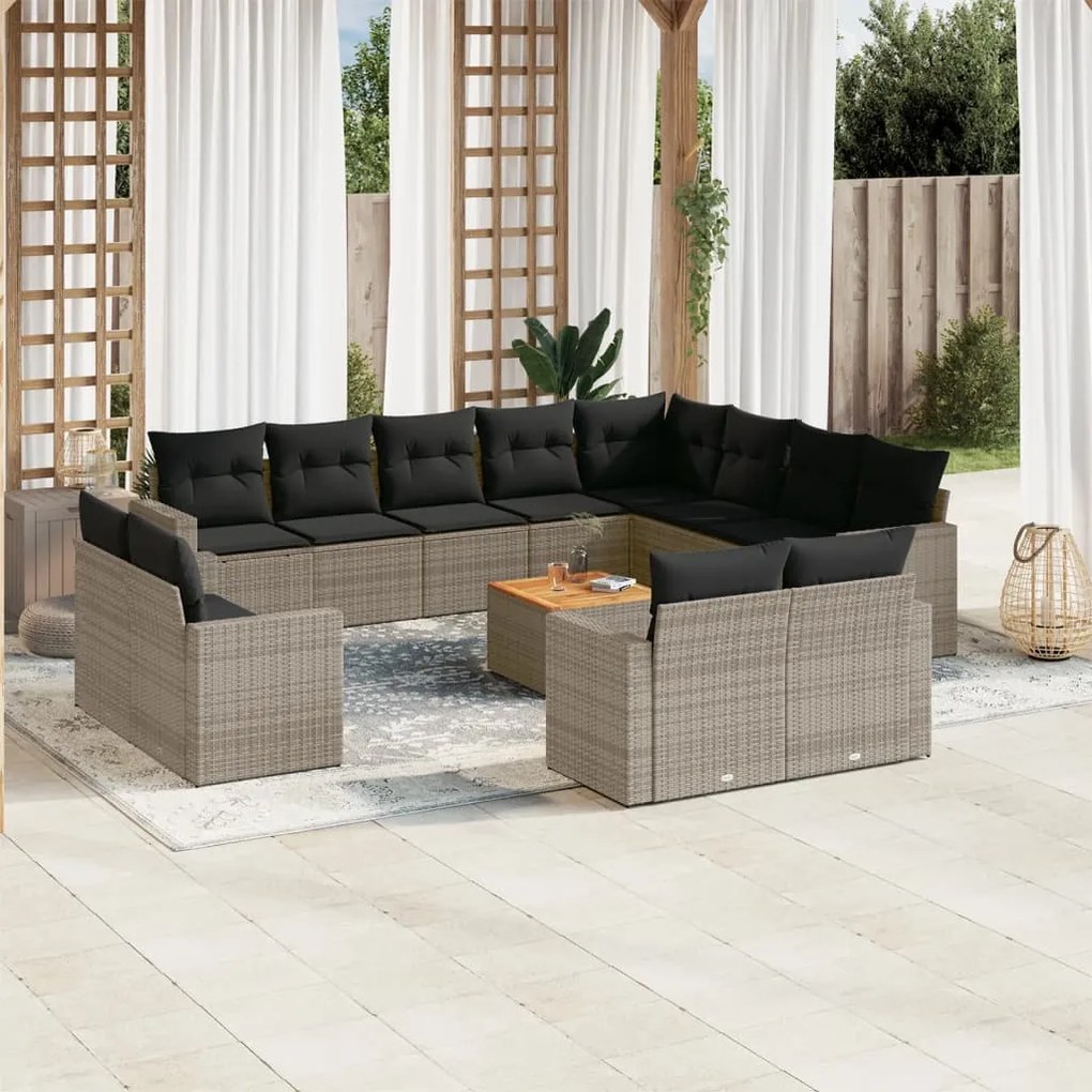 Set divani da giardino 13 pz con cuscini grigio in polyrattan