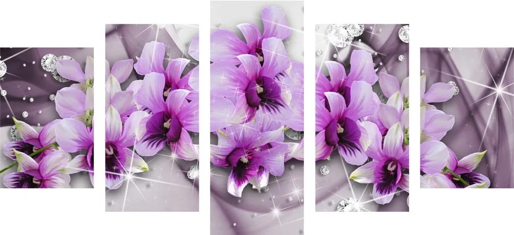 Quadri 5 pezzi – Fiori viola su sfondo astratto