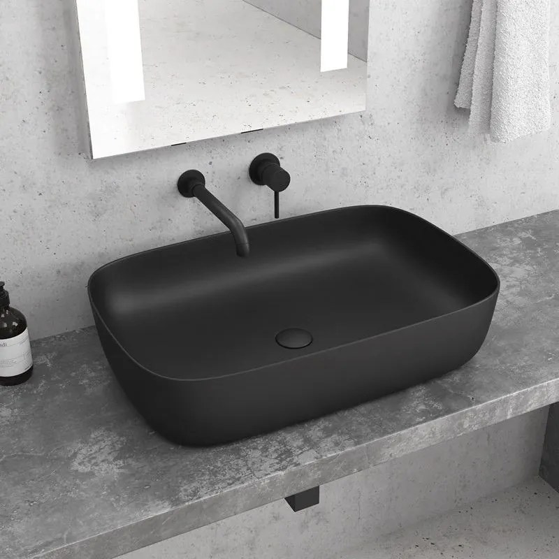 Kamalu - lavabo da appoggio colore nero opaco design rettangolare arrotondato | 60cm mil-ln