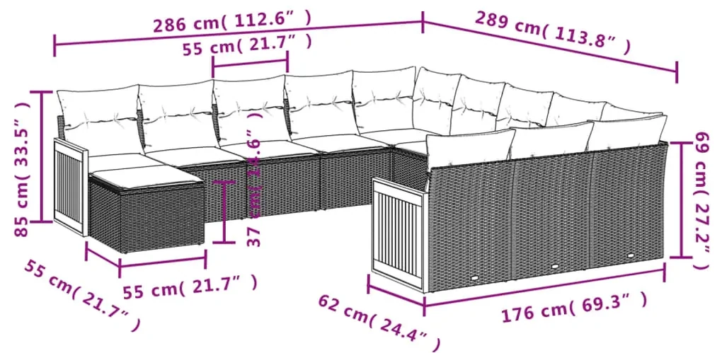 Set divani da giardino 12 pz con cuscini nero in polyrattan