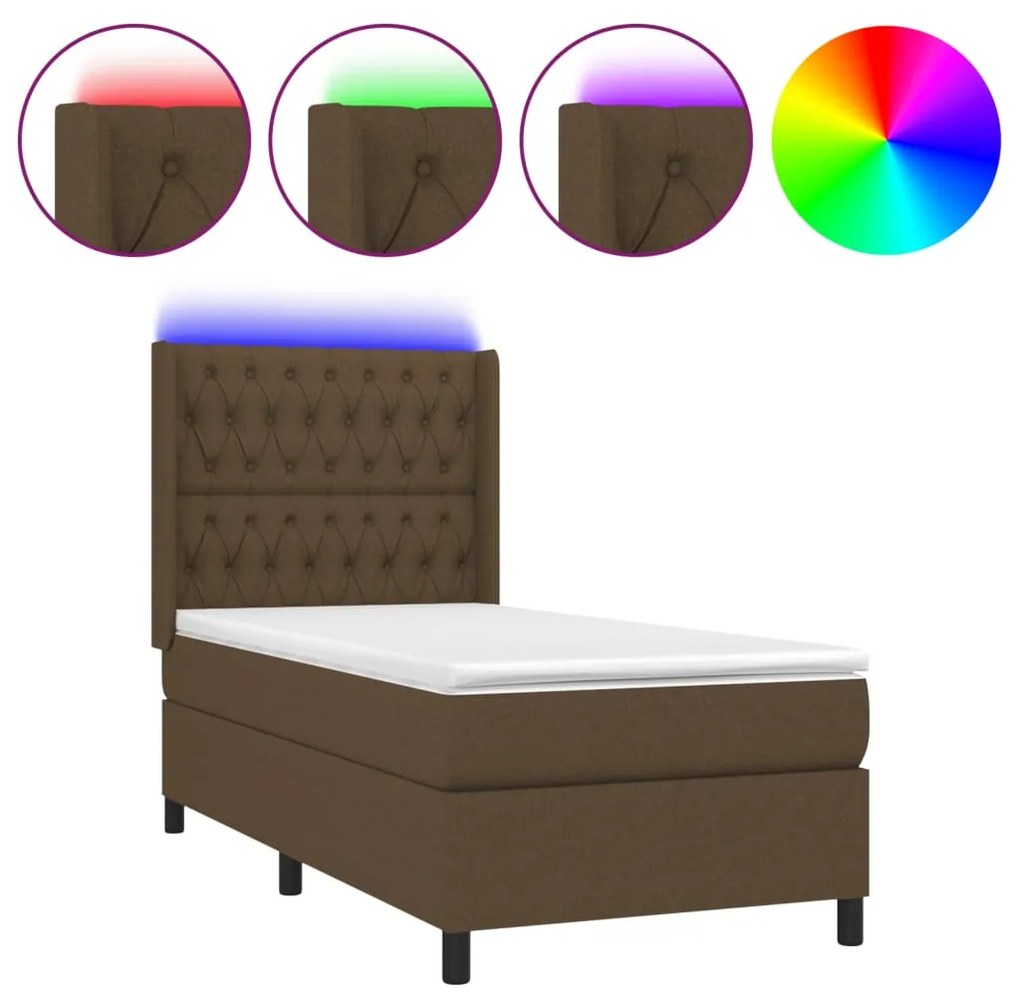 Letto a Molle Materasso e LED Marrone Scuro 90x190cm in Tessuto