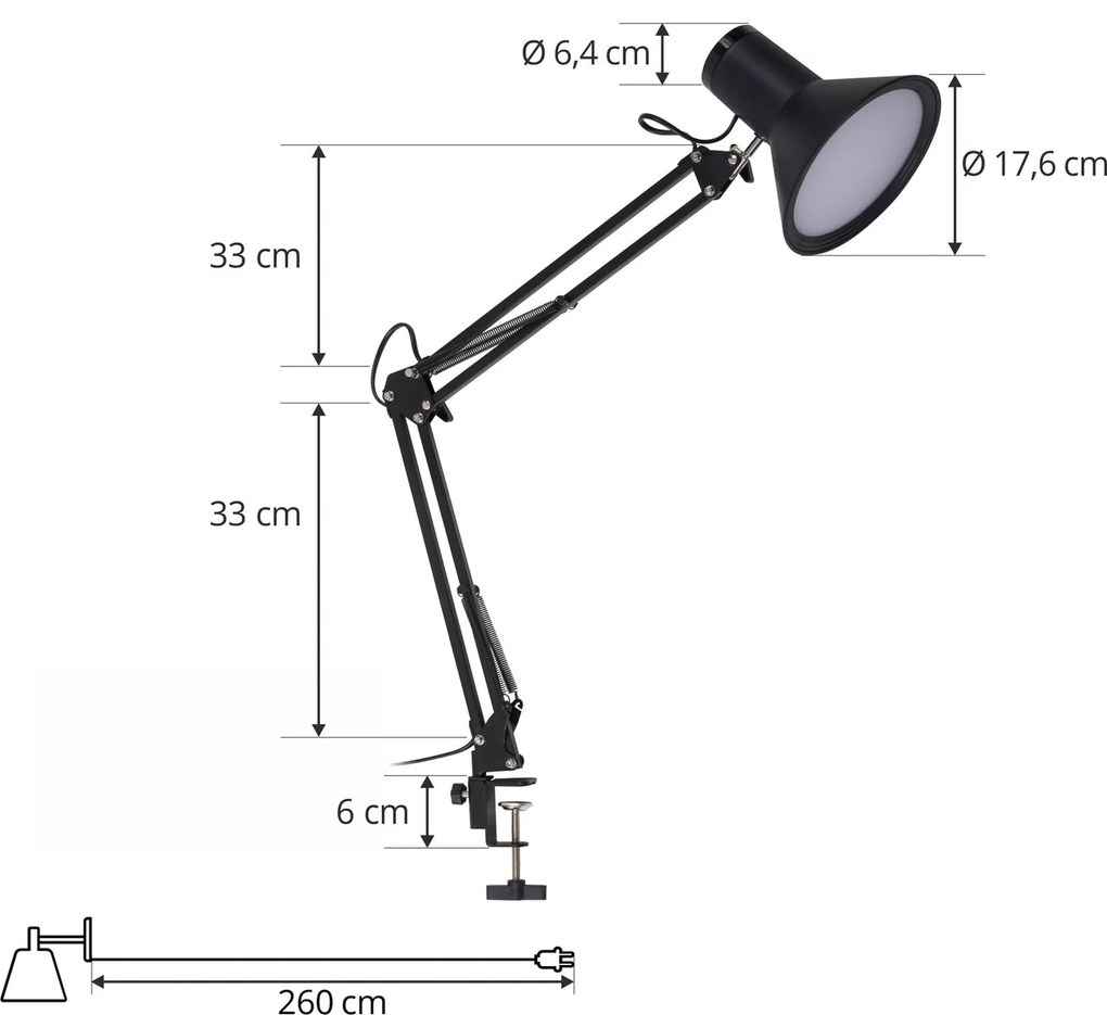 Lampada con morsetto Lindby LED Undra, nera, dimmerabile, regolabile