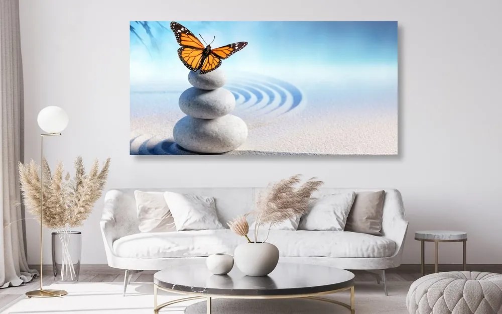 Quadro su tela – Equilibrio di pietre e farfalla