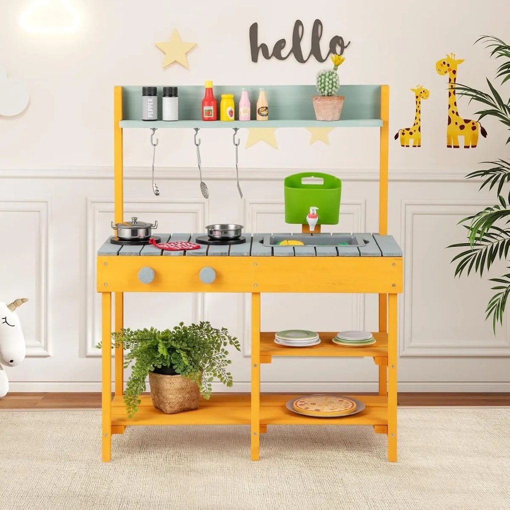 Costway Cucina per bambini da esterno con serbatoio d'acqua, Cucina giocattolo con rubinetto realistico e accessori per giardino