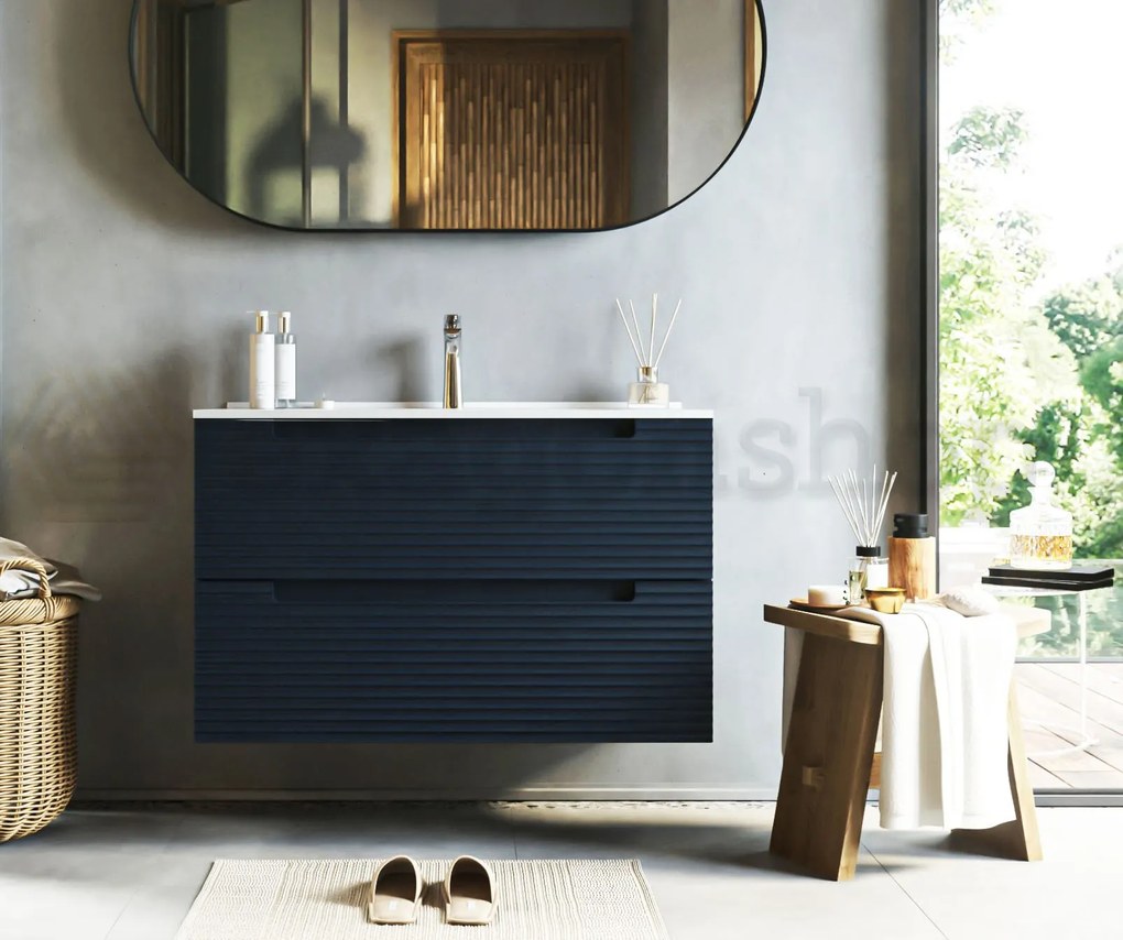 Mobile bagno blu notte 100x45 Mango due cassetti soft close con lavabo in ceramica lucida