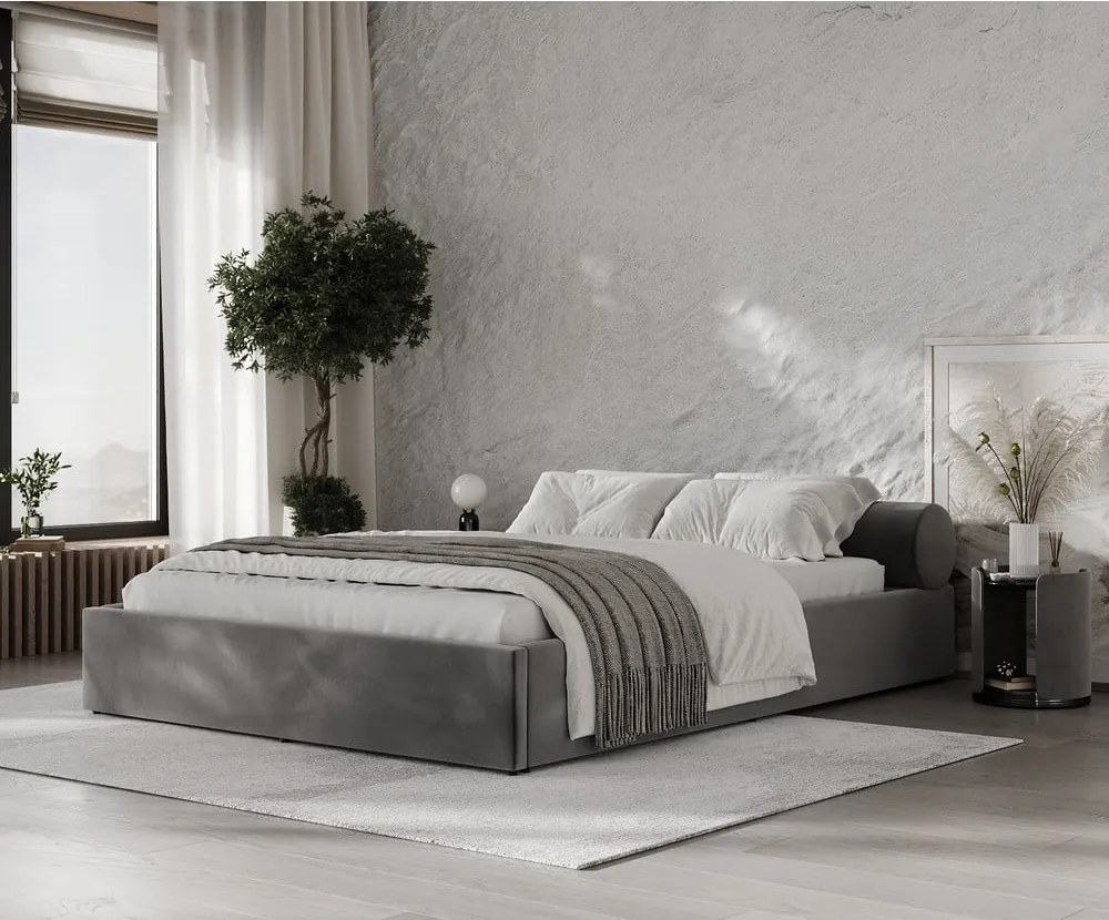 Letto matrimoniale imbottito grigio scuro con contenitore e rete inclusi 160x200 cm Solvo – Maison de Rêve