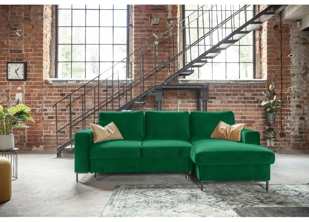 Divano letto angolare in velluto verde, angolo destro Lofty Lilly - Miuform