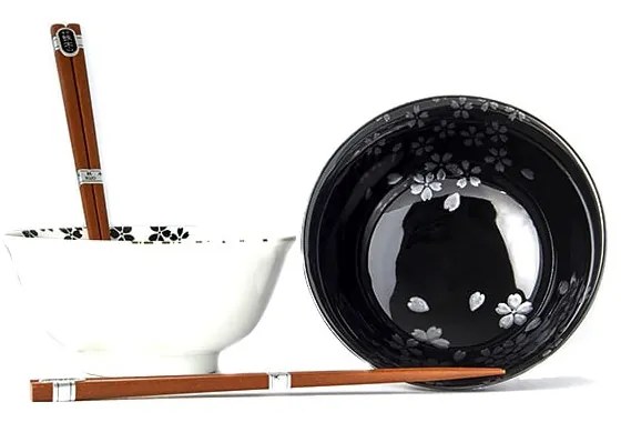 Set di 2 ciotole e bacchette in ceramica bianca e nera Sakura - MIJ