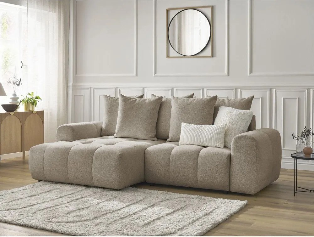 Divano angolare beige allungabile/con contenitore (con penisola a sinistra/con chaise lounge) con rivestimento in ciniglia Roxelane – Bobochic Paris
