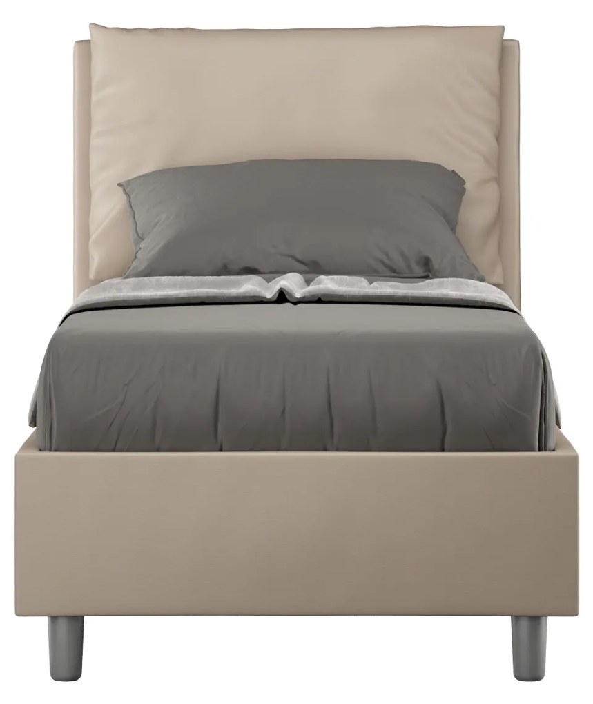 Letto singolo imbottito similpelle Antea con e senza rete e contenitore 80x210, Tortora / Con Rete