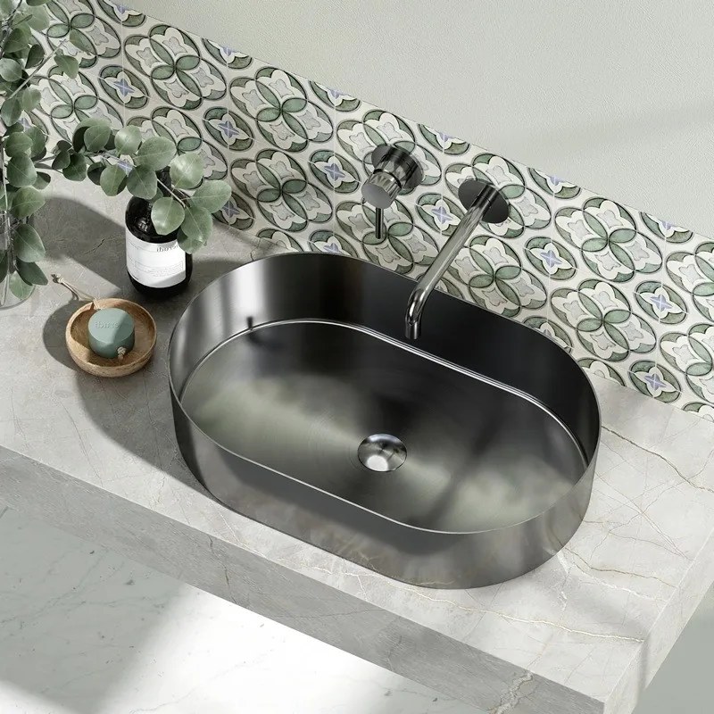 Lavabo da appoggio in acciaio inox gun metal con finitura spazzolata | KJ5500GM - KAMALU