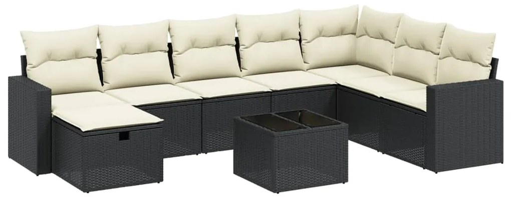 Set divani da giardino 9 pz con cuscini nero in polyrattan