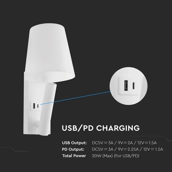 Lampada da parete LED con porta USB, 2 W, 230 V, 3000 K, bianca