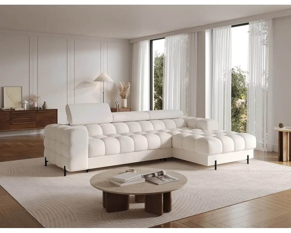 Divano angolare color crema allungabile/con contenitore (con penisola a destra/con chaise lounge) con rivestimento in bouclé Felro – ELTAP