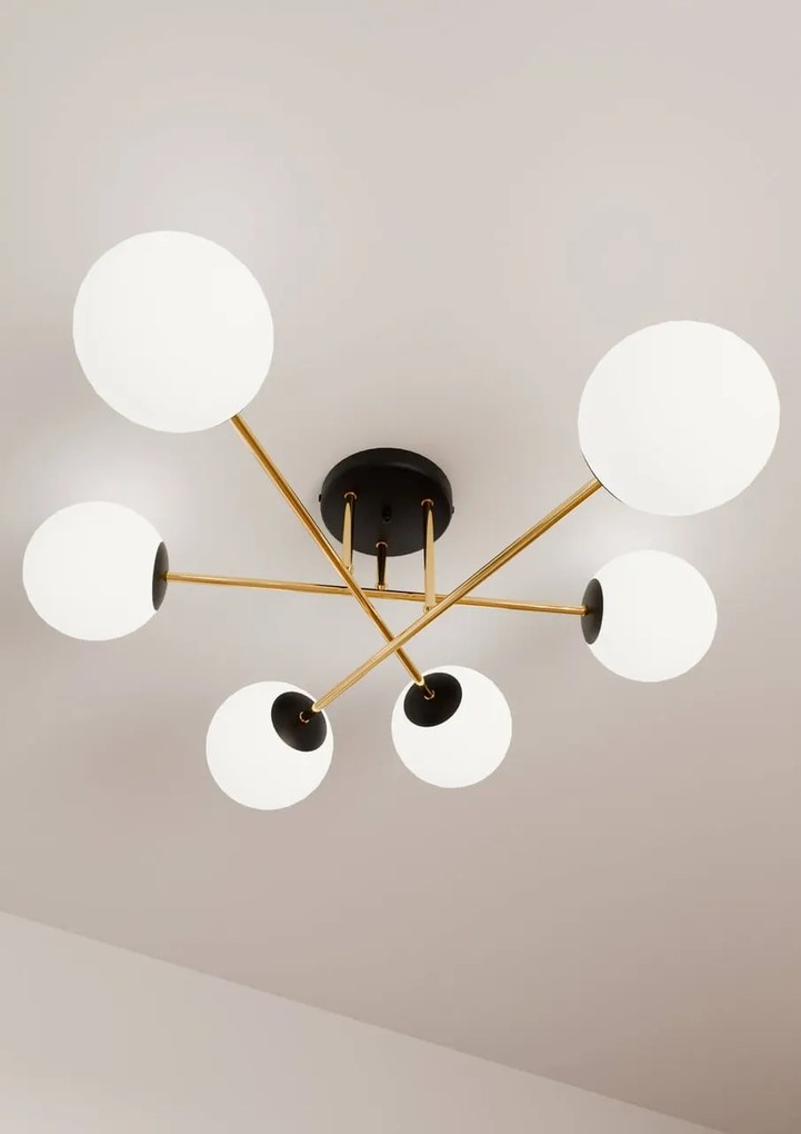 Lampadario Magnum Nero e Oro con 6 Sfere Satinate E14 da soffitto