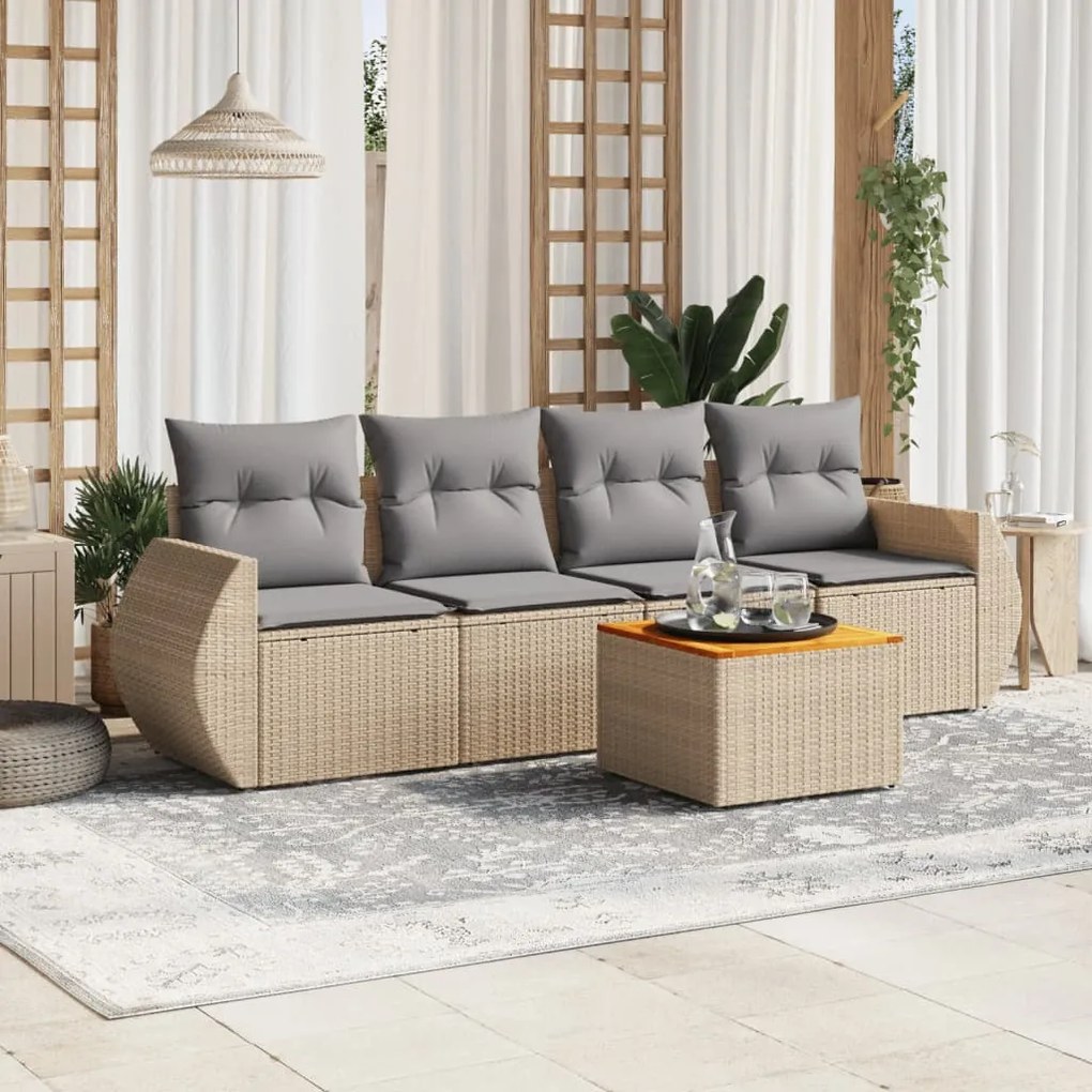 Set divano da giardino 5 pz con cuscini beige in polyrattan