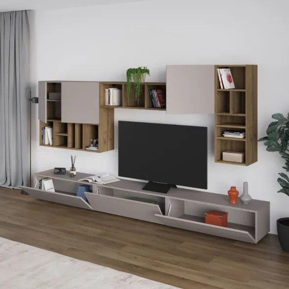 Parete Attrezzata 300 Cm Design Moderno Con Pensili Tortora E Noce Big