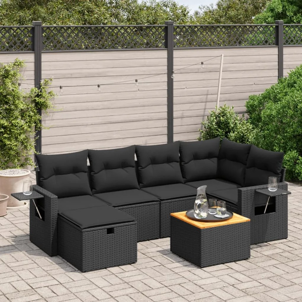 Set divani da giardino con cuscini 7pz nero polyrattan
