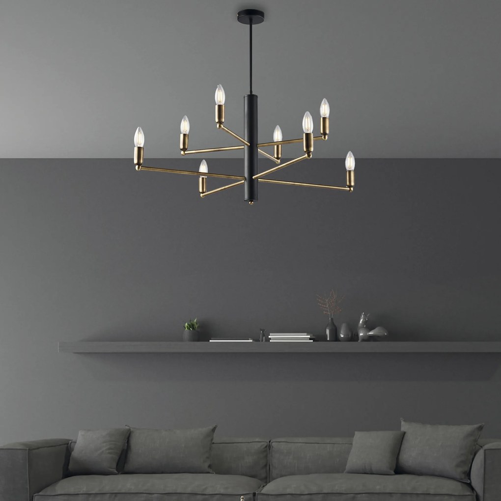 Lampadario 8 Luci Isak In Ferro Laccato Nero E Ottone Spazzolato