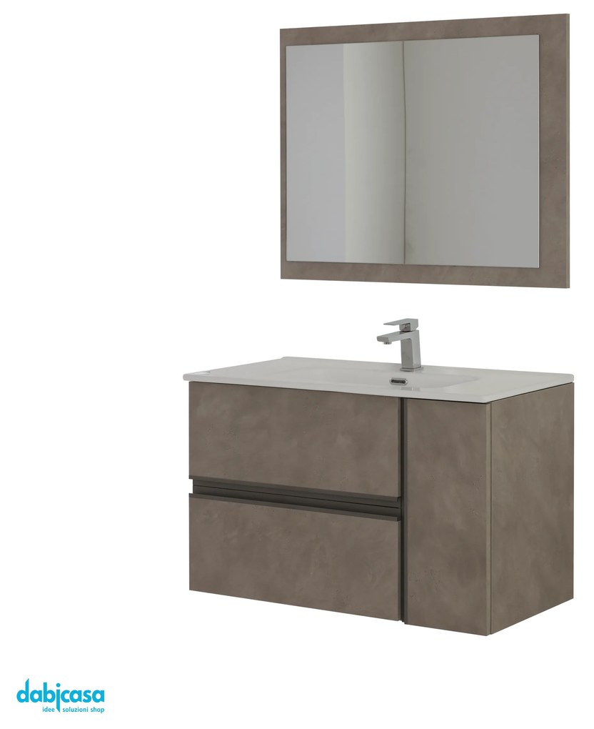 Mobile Bagno Sospeso "Oxid" Da 90 Con Due Cassetti Ed Un'Anta Lavabo E Specchio Finitura Beton Cenere