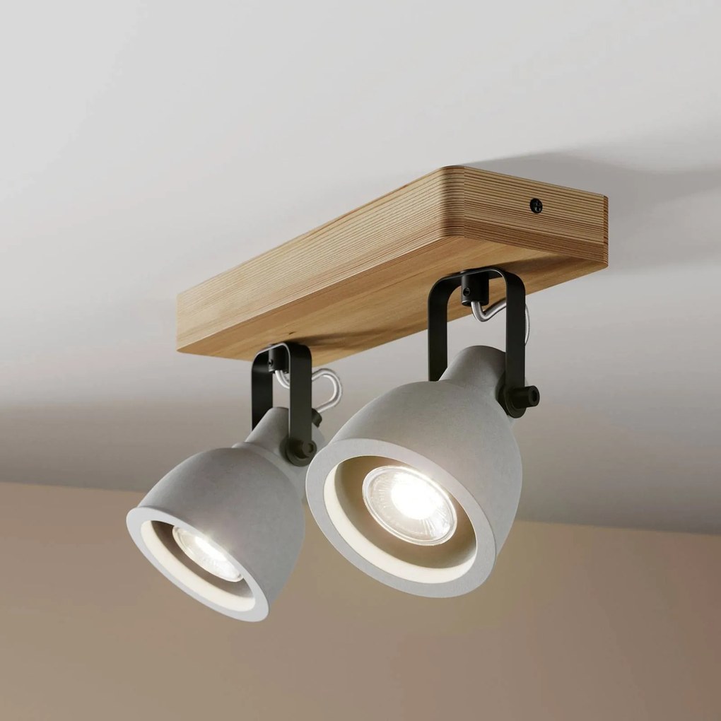 Lindby Spot Mitis, 30 cm, a 2 luci, grigio, legno, cemento, GU10 Mitis Lindby, dimmerabile, Legno scuro, Soggiorno / Sala da pranzo, Legno, Industriale, Faretto