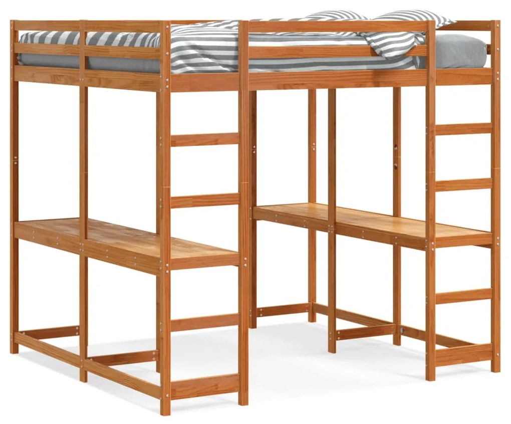 Letto Soppalco Scrivania E Scala Marrone Cera 160x200cm Pino /
