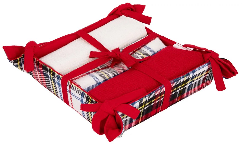 Set 3 strofinacci tartan bianco con cestino