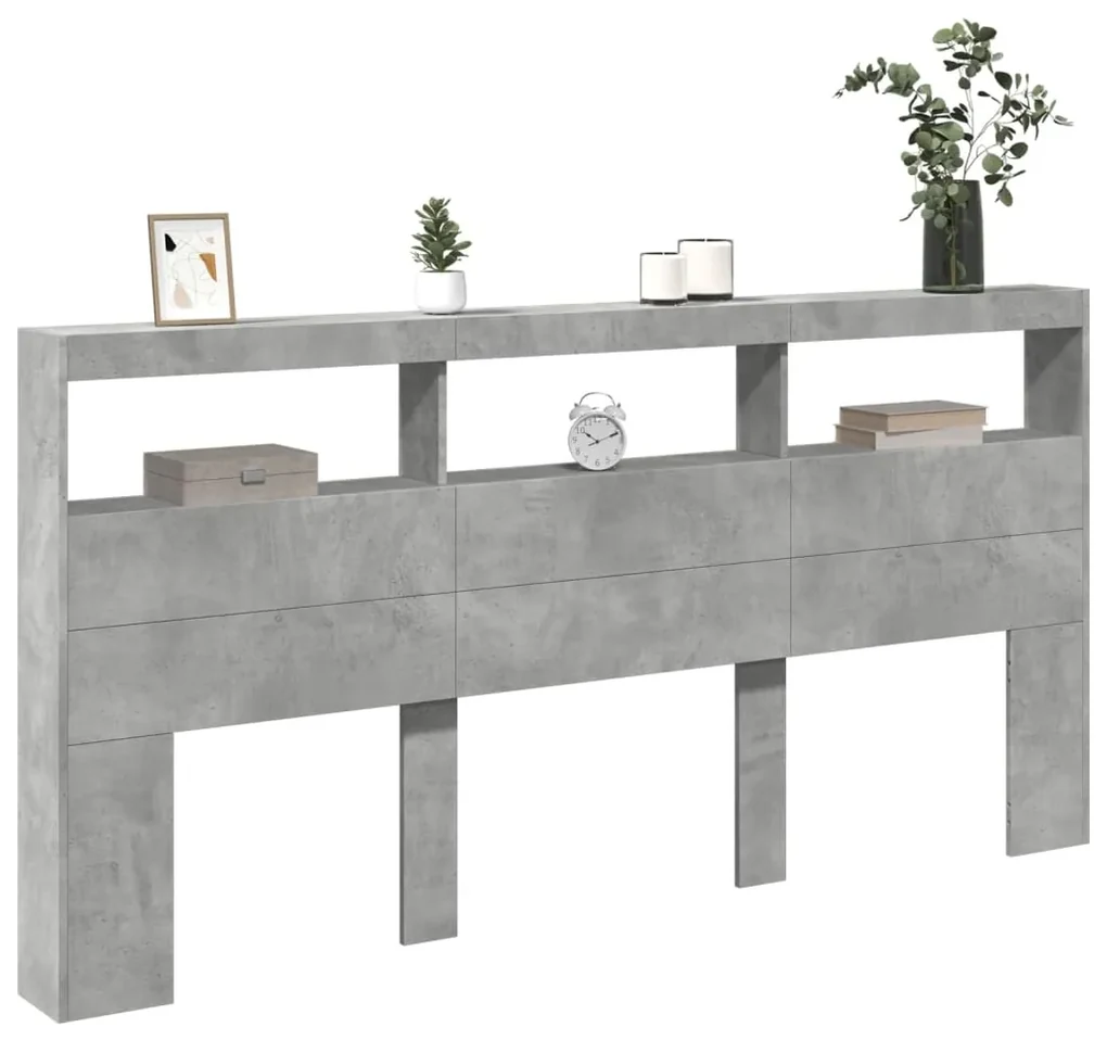 Testiera con contenitore a led grigio cemento 200x17x102 cm