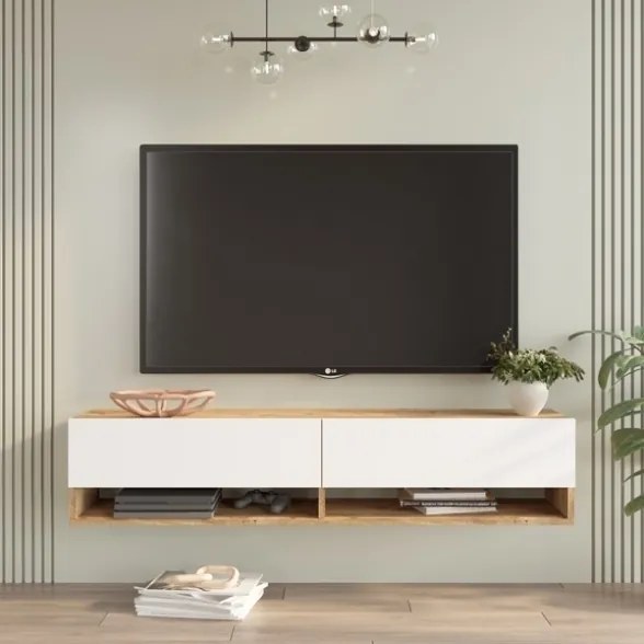 Mobile Tv Sospeso 140x32x30 Effetto Legno Rovere E Bianco Evolution