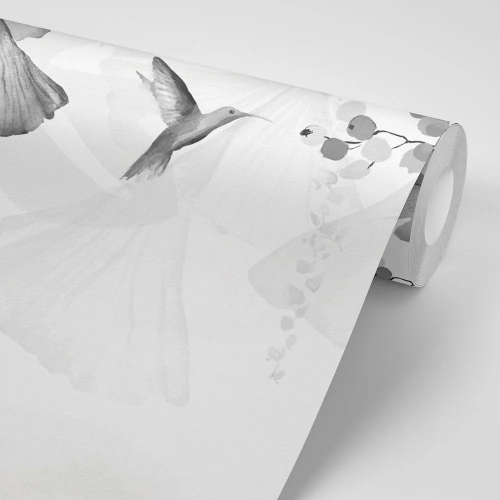 Carta da parati – Foglie con Colibrì in Bianco e Nero