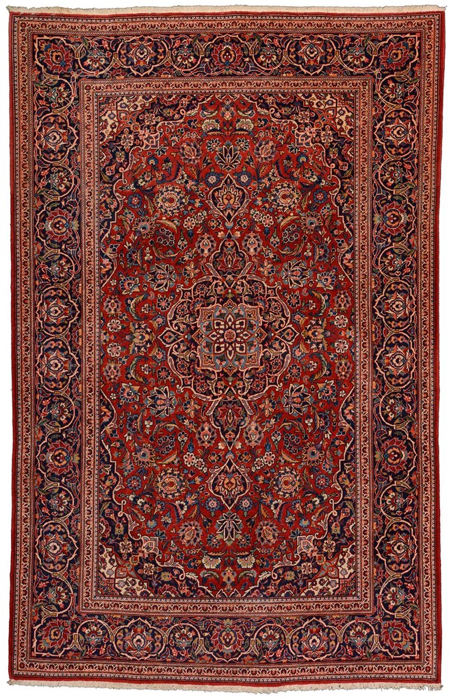 Kashan Tappeto 220x140 Rosso (Iran) Annodato A Mano