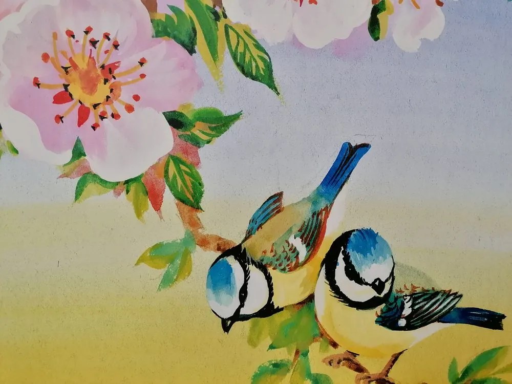 Quadro su tela – Cince e fiori in fiore