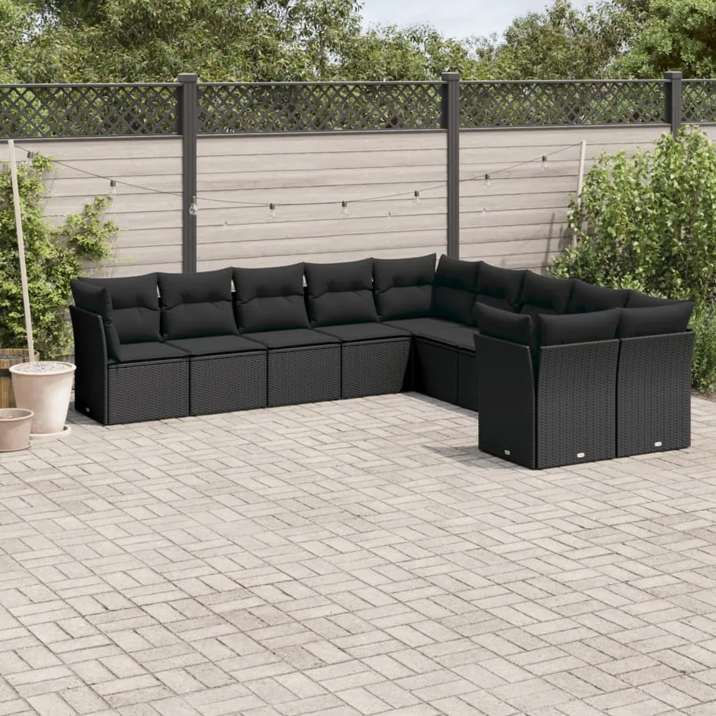 Set Divani da Giardino 10pz con Cuscini in Polyrattan Nero