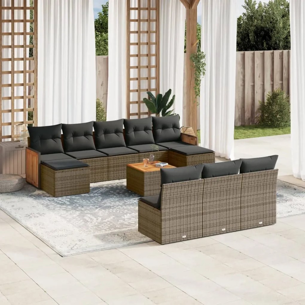 Set Divani da Giardino 11 pz con Cuscini in Polyrattan Grigio