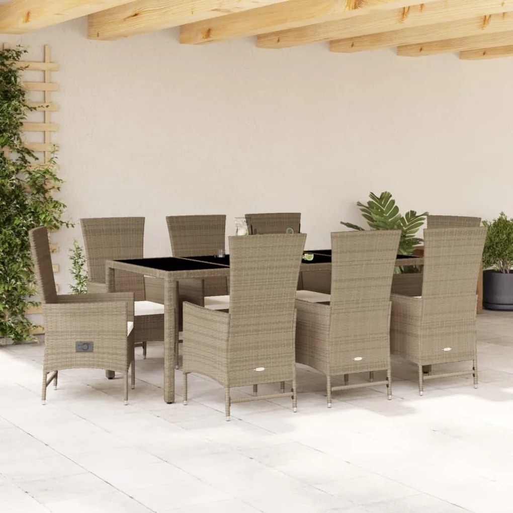 Set da pranzo da giardino 9 pz con cuscini beige in polyrattan