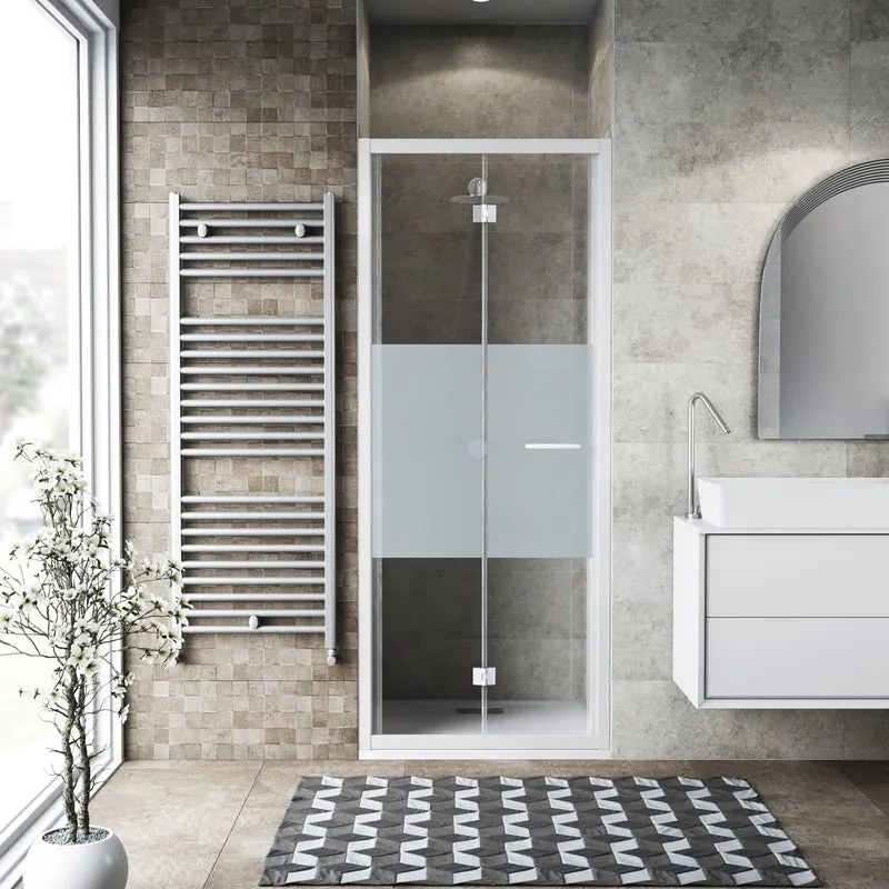 Porta doccia pieghevole Record, L 77-81 cm x H 195 cm x SP 6 mm, profilo bianco, vetro smerigliato