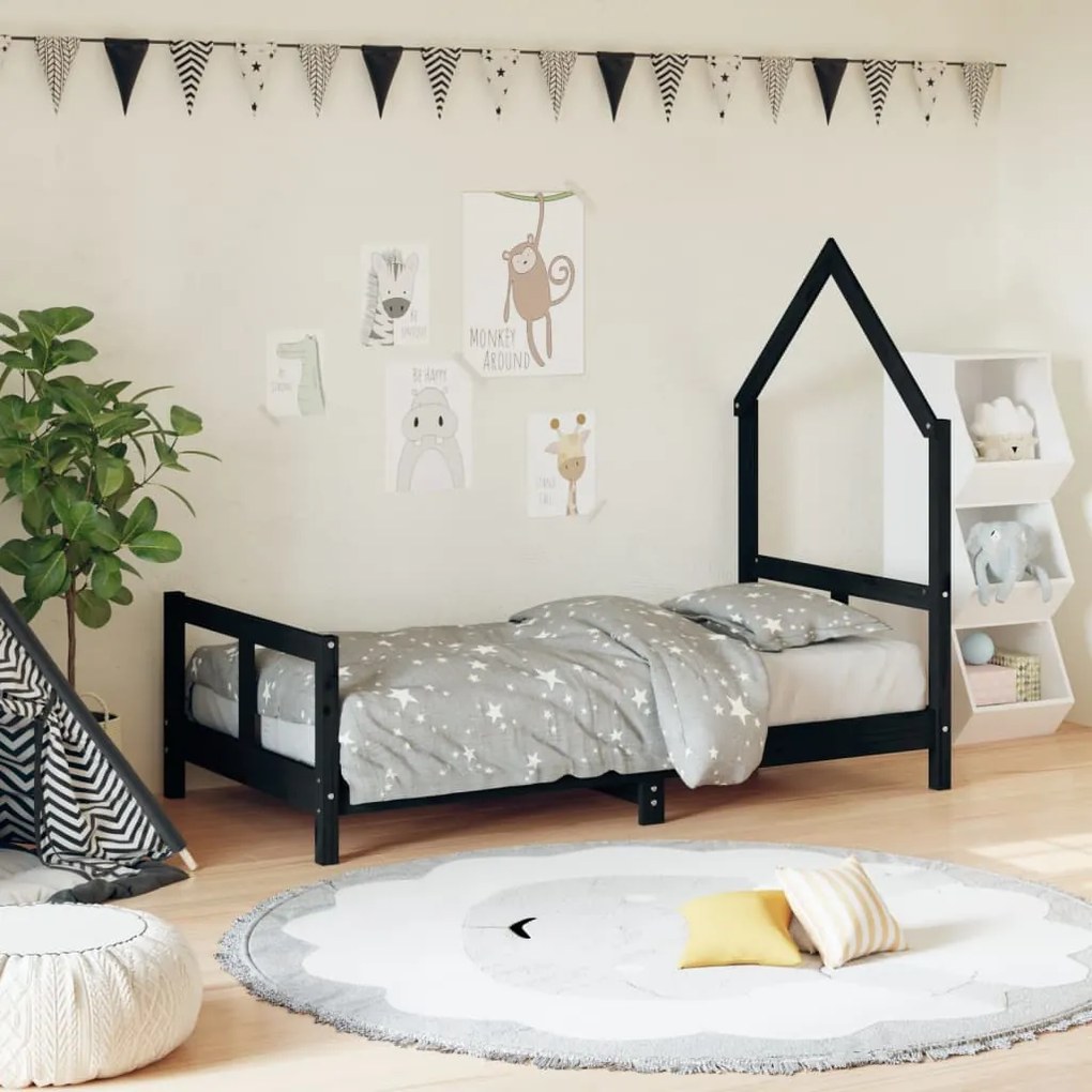 Giroletto Per Bambini Nero 80x160 Cm İn Legno Massello Di Pino /